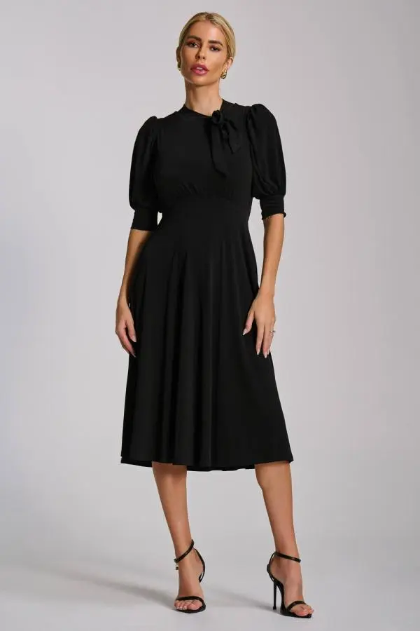 Jolie Moi Women's Tie Neck Puffy Sleeve Jersey Midi Dress in Black 
