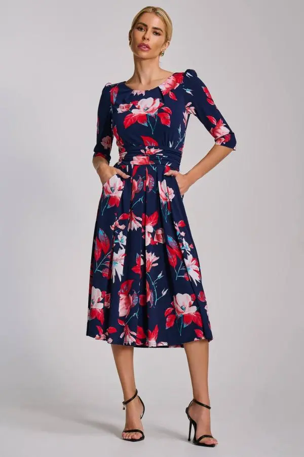 Jolie Moi Women's Sleeve Printed Jersey Midi Dress in Navy 