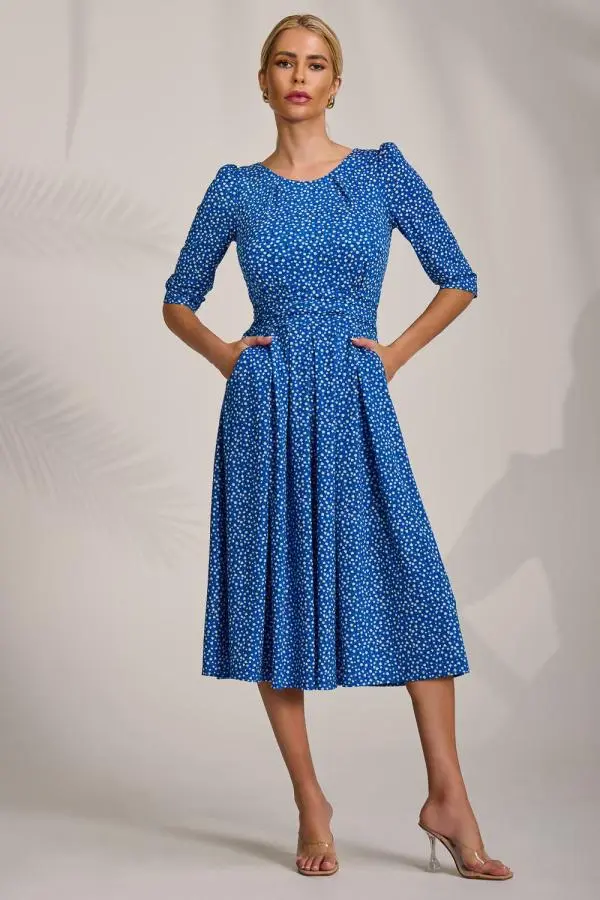 Jolie Moi Women's Sleeve Printed Jersey Midi Dress in Blue 