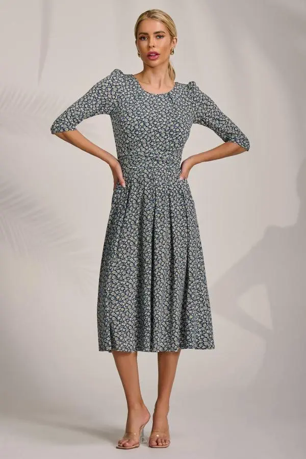 Jolie Moi Women's Sleeve Printed Jersey Midi Dress in Dark Navy 