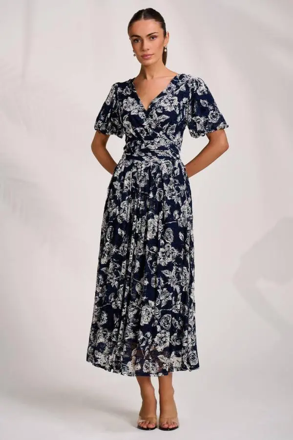 Jolie Moi Women's Puff Sleeve Printed Lace Maxi Dress in Navy 
