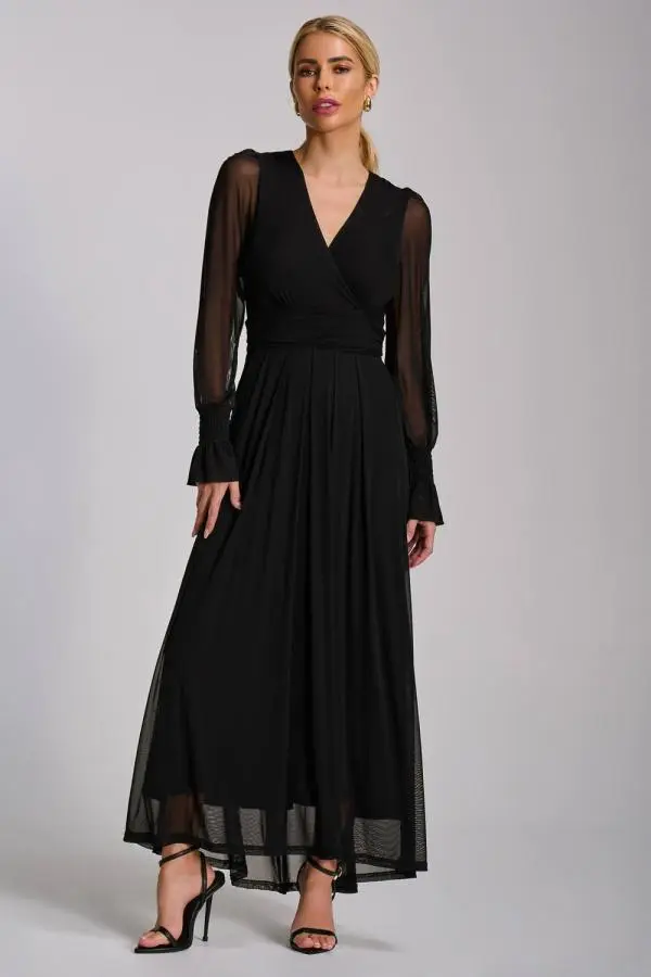 Jolie Moi Women's Mesh Long Sleeve Maxi Dress in Black 