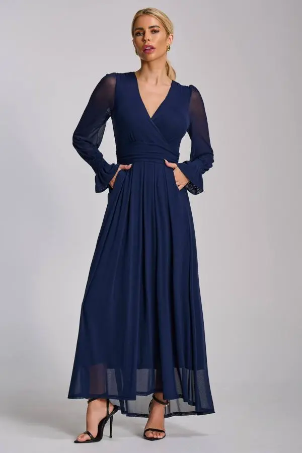 Jolie Moi Women's Mesh Long Sleeve Maxi Dress in Navy 