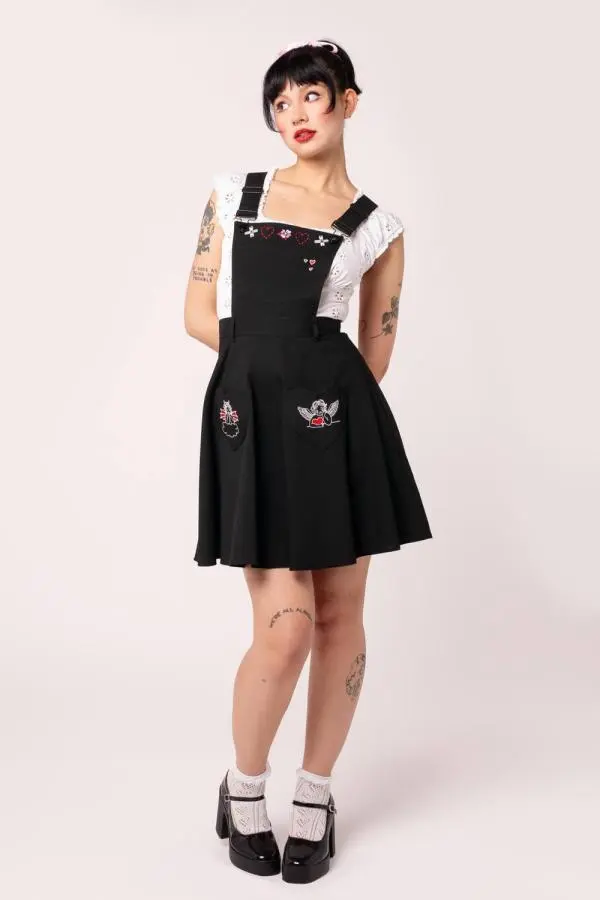 Hell Bunny Women's Cupid Black Mini Pinafore Dress Romantic Heart & Angel Embroidery 
