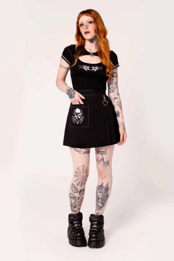 Hell Bunny Women's Auri Black Pleated Mini Skirt with Rose Embroidery & Heart Charm 