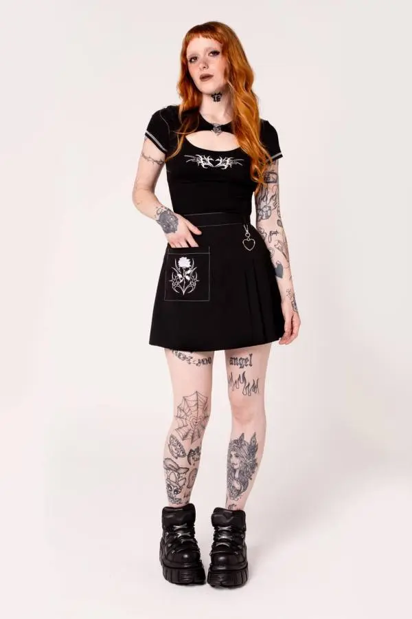 Hell Bunny Women's Auri Black Pleated Mini Skirt with Rose Embroidery & Heart Charm 