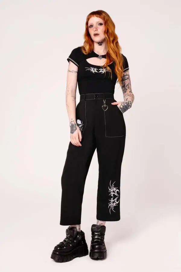 Hell Bunny Women's Auri Black Cropped Straight Leg Trousers White Contrast Embroidery 