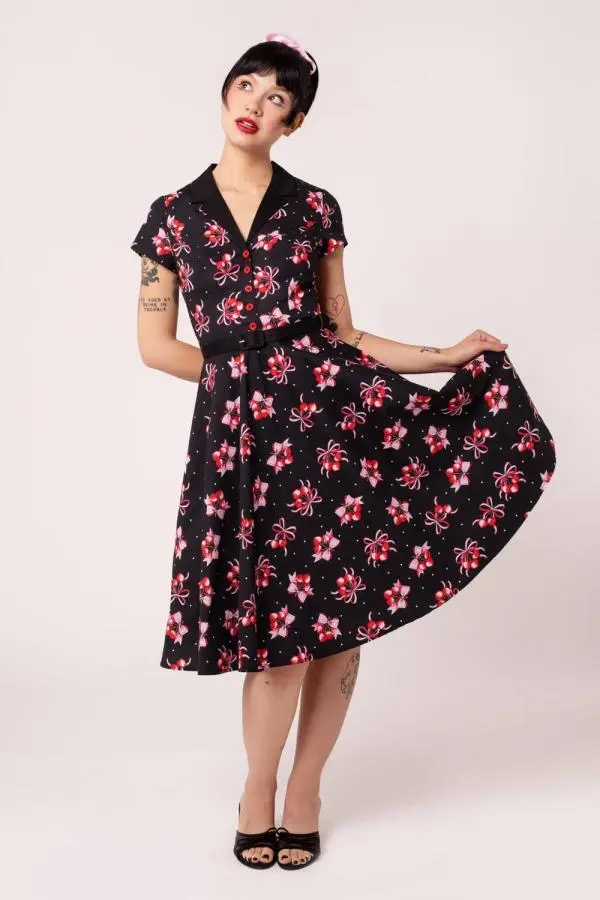 Hell Bunny Women's Cherilyn 50s Style Cherry & Bow Print Cotton Full Circle Dress in Black 