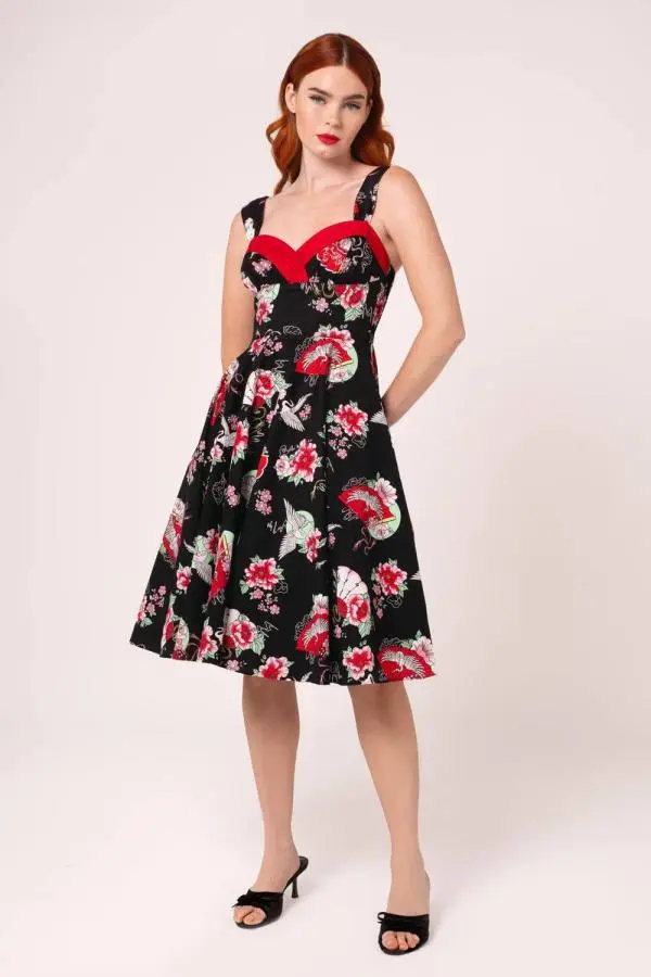 Hell Bunny Women's Yuna Black Cotton Sweetheart Neck Fan & Crane Print Dress 