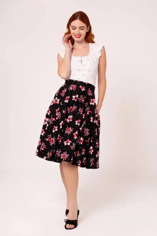 Hell Bunny Women's Cherilyn 50s Style Cherry & Bow Print Full Circle Cotton Skirt in Black 