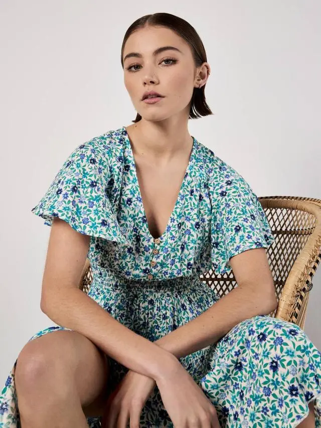 Apricot Women's Watercolour Floral Midi Dress in Blue 