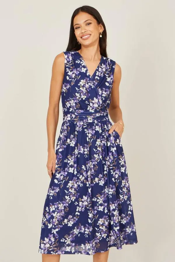 Yumi Women's Navy Blossom Print Mesh Stretch Midi Dress With Pockets 