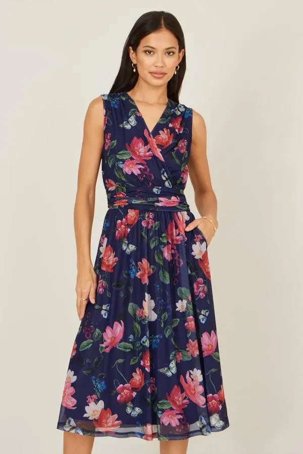 Yumi Women's Blurred Floral Print Mesh Stretch Midi Dress With Pockets in Navy 