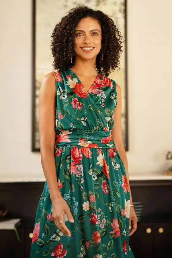 Yumi Women's Green Blurred Floral Print Mesh Stretch Midi Dress With Pockets 