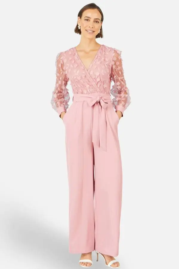 Yumi Women's Pink Flower Applique Jumpsuit 