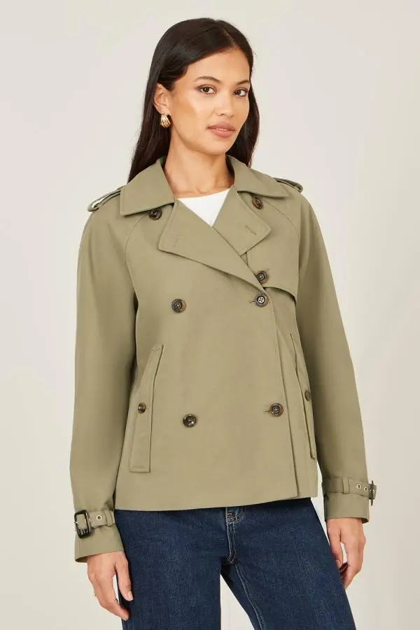Yumi Women's Green Cropped Trench Jacket With Pockets & Check Lining 
