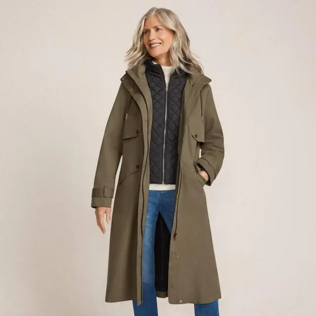 Lands' End Women's Faux Panel Coat with Removable Hood in Olive 