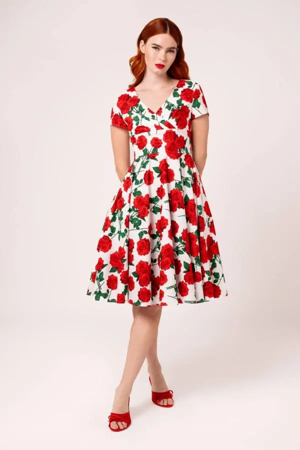 Hell Bunny Women's Dolce Vita Red Rose Print 50s Style V Neck Flared Dress in White 