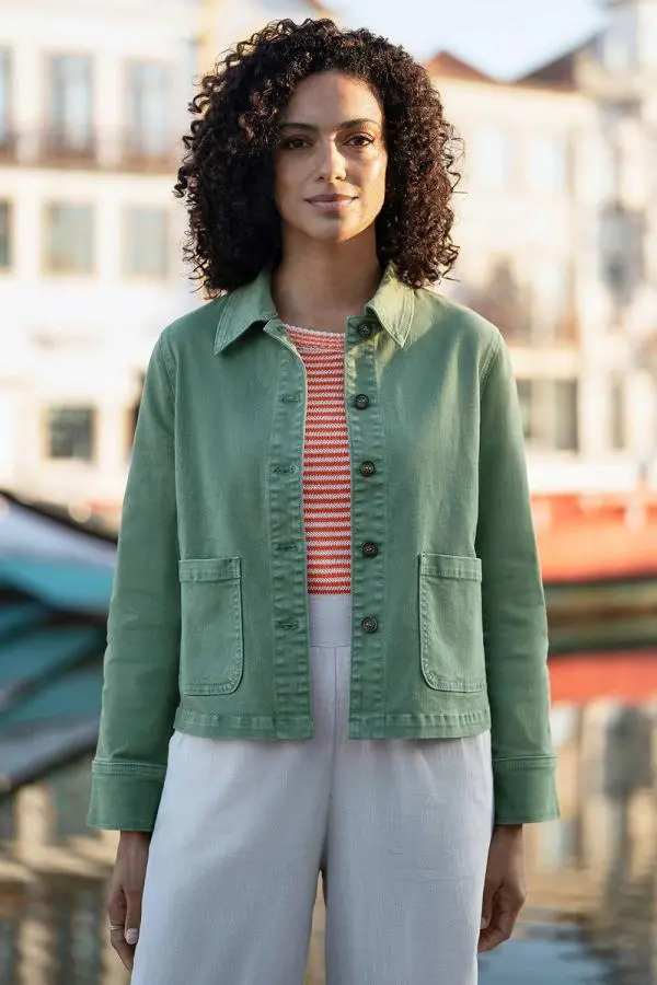 Yumi Women's Green Canvas Jacket With Patch Pockets 