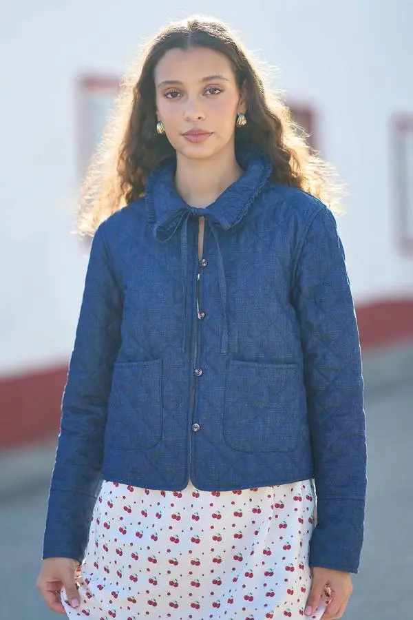 Yumi Women's Blue Chambray Quilted Jacket With Cherry Lining 