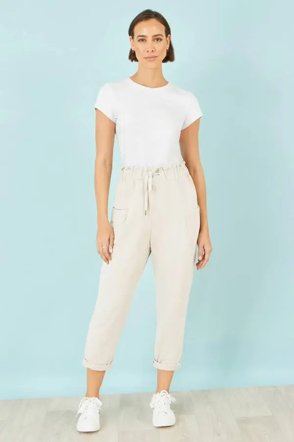 Yumi Women's Cream Cotton Relaxed Stretch Trousers With Pockets in Beige 