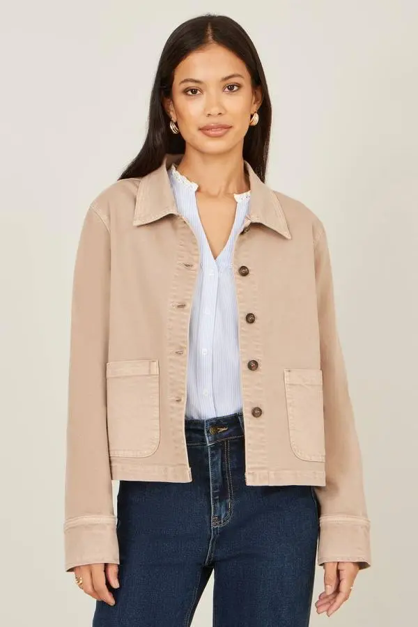 Yumi Women's Beige Canvas Jacket With Patch Pockets 