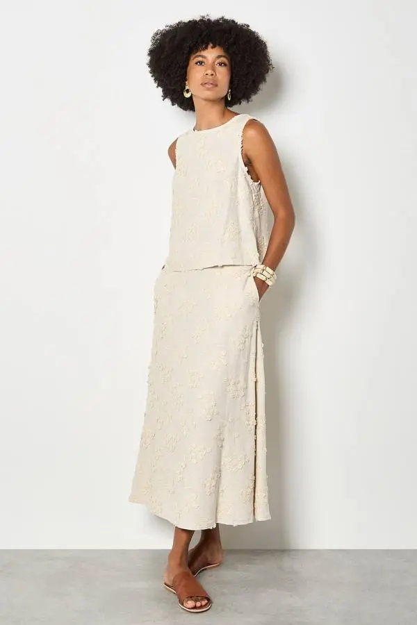 Apricot Women's Embroidered Floral Linen Blend Midaxi Skirt in Stone 