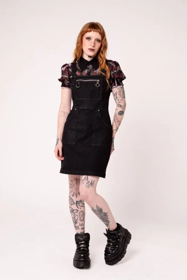 Hell Bunny Women's Raye Denim-Look Pinafore Dress D-Ring Pockets & Adjustable Straps in Black 