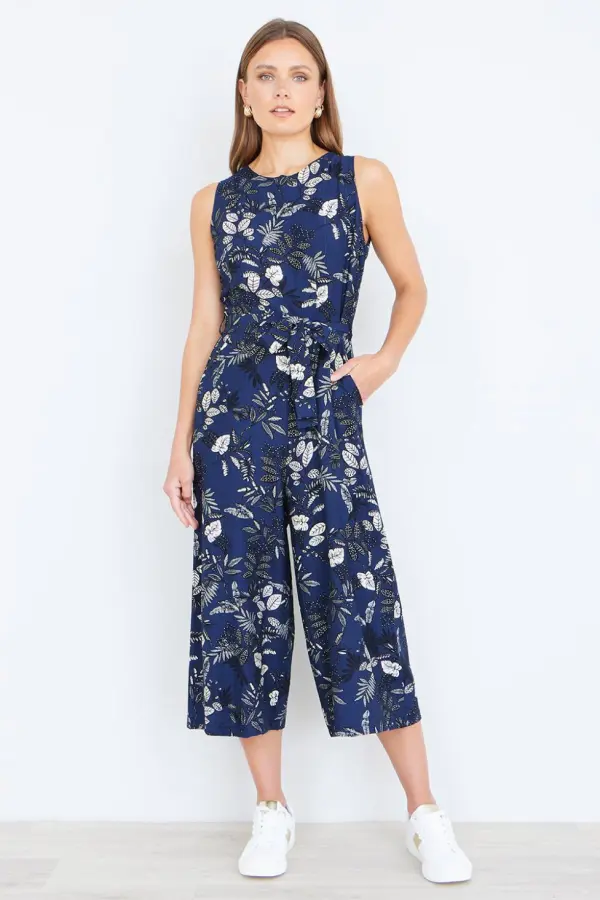 Yumi Women's Leaf Print Jumpsuit With Pockets in Navy 