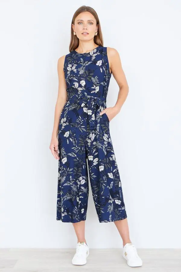 Yumi Women's Leaf Print Jumpsuit With Pockets in Navy 