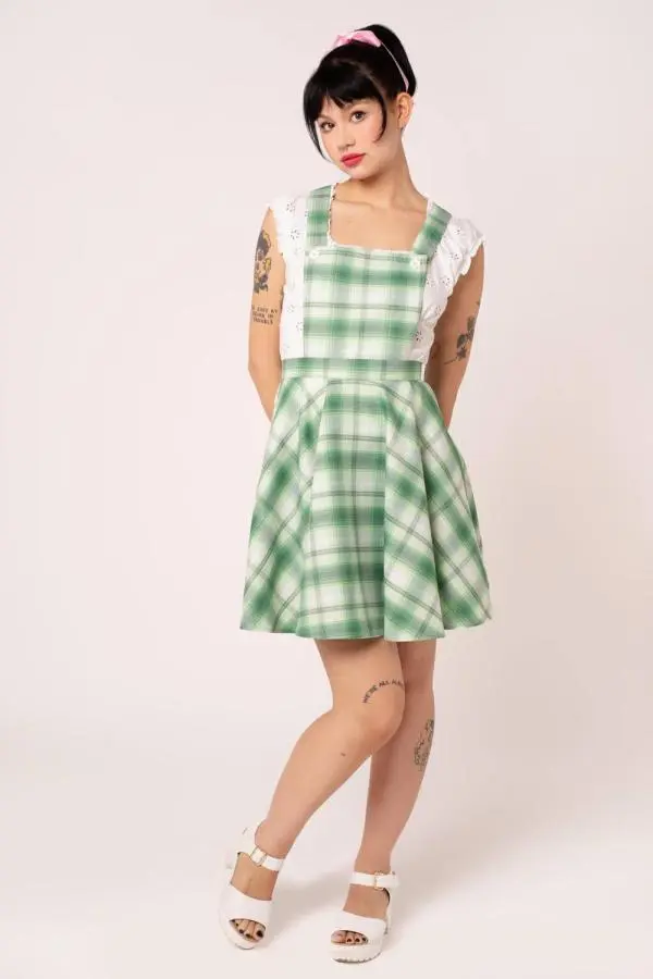Hell Bunny Women's Maisie Green Sparkle Tartan Pinafore Dress with Adjustable Straps