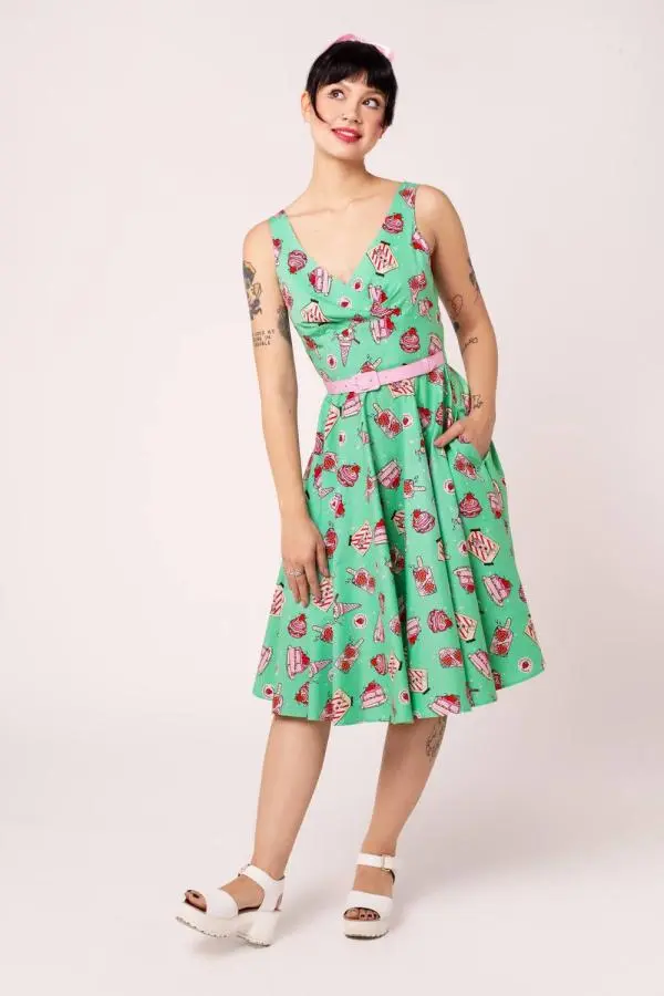 Hell Bunny Women's Sweetie Pie 50s Green Dessert Print Cotton Dress Full Circle Skirt 