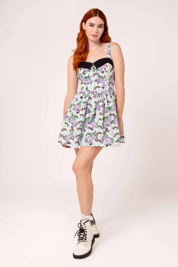 Hell Bunny Women's White Unicorn Print Cotton Mini Dress with Sweetheart Neckline Pockets 