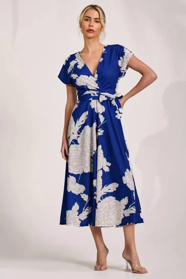 Jolie Moi Women's Kimono Sleeve Print Scuba Midi Dress in Blue 