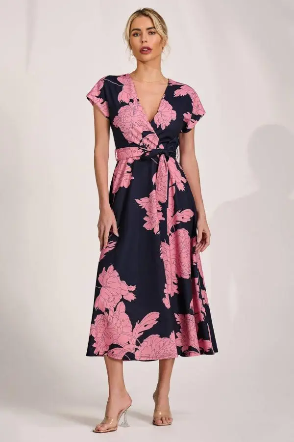 Jolie Moi Women's Kimono Sleeve Print Scuba Midi Dress in Dark Navy 