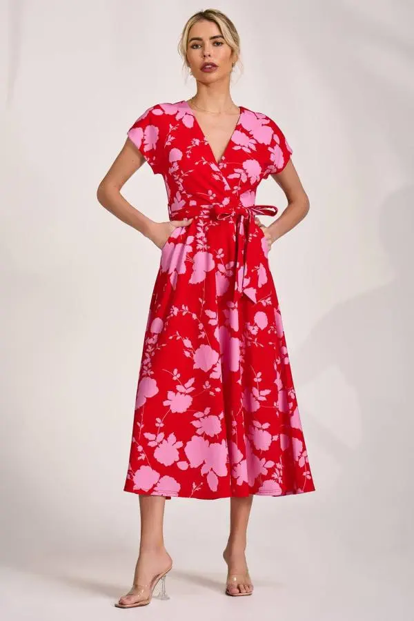 Jolie Moi Women's Kimono Sleeve Print Scuba Midi Dress in Red 