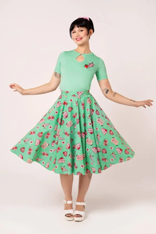 Hell Bunny Women's Sweetie Pie 50s Green Dessert Print Cotton Skirt with Full Circle 