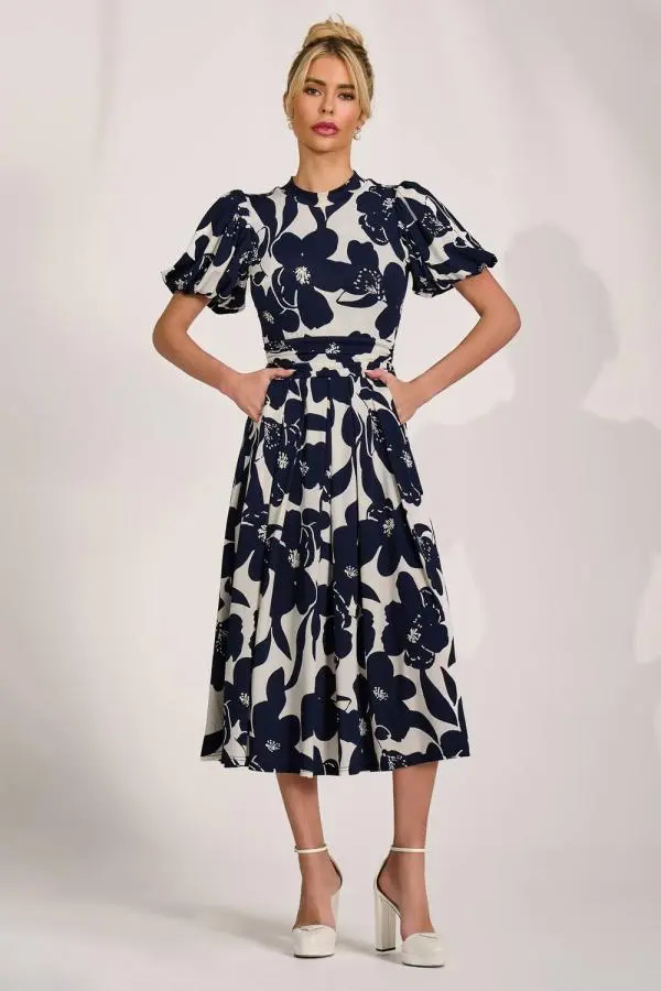 Jolie Moi Women's Turtle Neck Puff Sleeve Jersey Midi Dress in Cream 