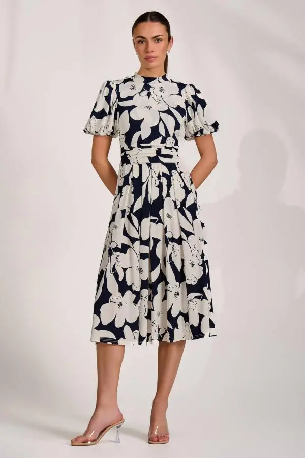 Jolie Moi Women's Turtle Neck Puff Sleeve Jersey Midi Dress 