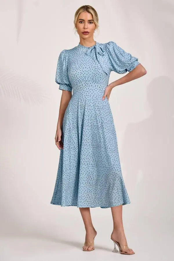 Jolie Moi Women's Tie Neck Puffy Sleeve Jersey Midi Dress in Light Blue 