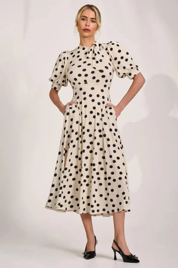 Jolie Moi Women's Tie Neck Puffy Sleeve Jersey Midi Dress 