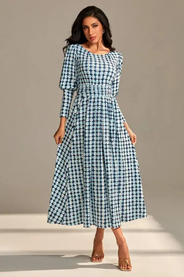 Jolie Moi Women's Long Puff Sleeved Jersey Maxi Dress in Blue 