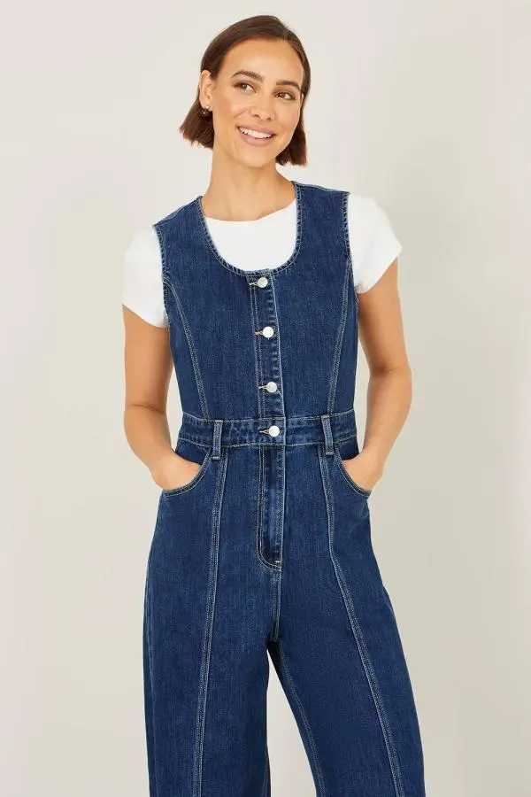 Yumi Women's Blue Denim Stretch Fitted Jumpsuit 