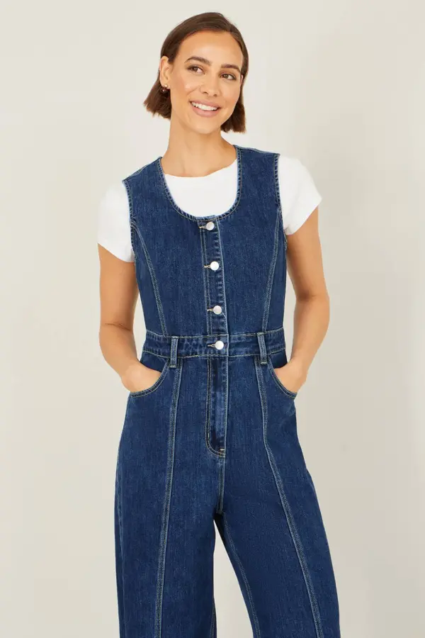Yumi Women's Blue Denim Stretch Fitted Jumpsuit 