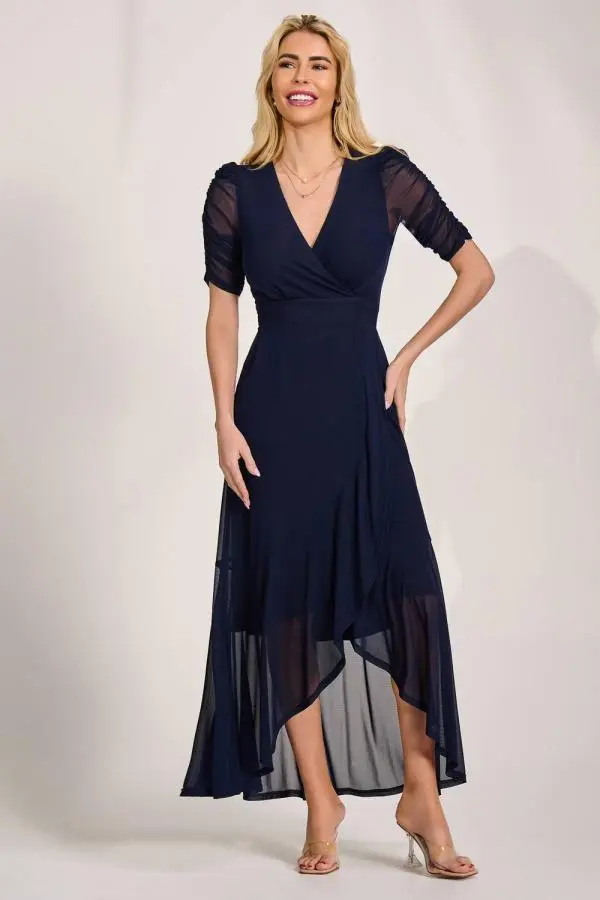 Jolie Moi Women's Ruched Sleeve Mesh Maxi Dress in Navy 