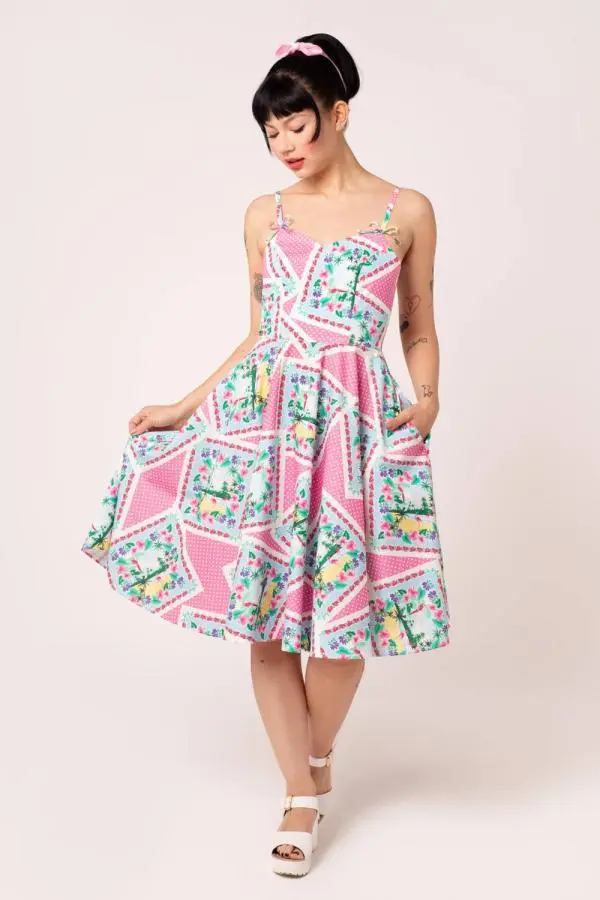 Hell Bunny Women's Dreamland Polka Dot Tropical 50s Style Midi Dress with Pockets in Pink 