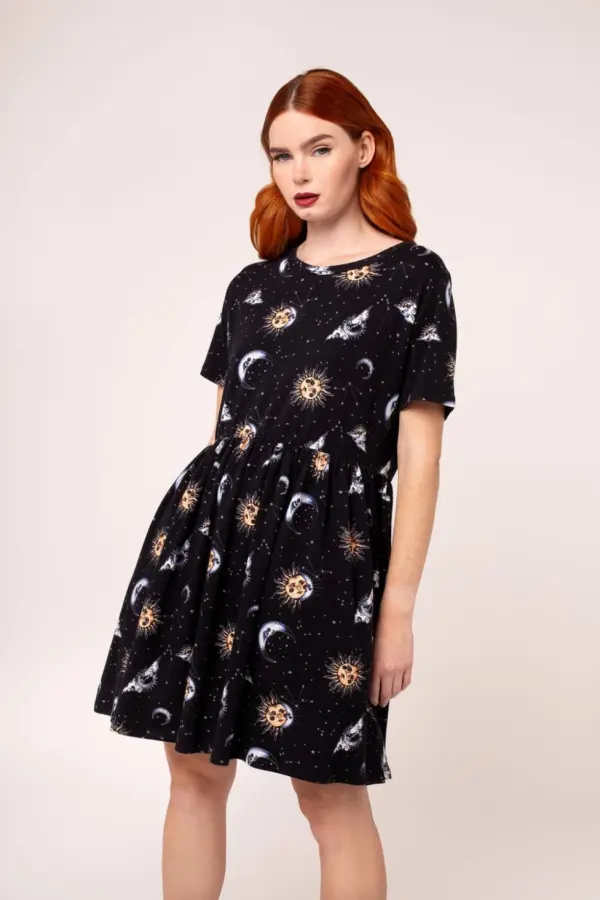Hell Bunny Women's Solaris Celestial Print Oversized Mini Dress with Pockets in Black 