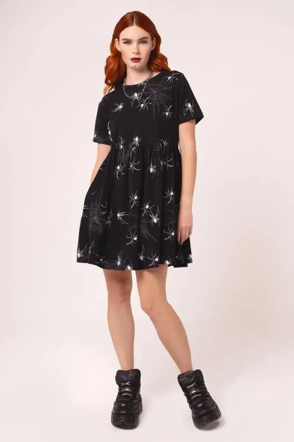 Hell Bunny Women's Grungy Spider Print Oversized Mini Dress with Pockets in Black 