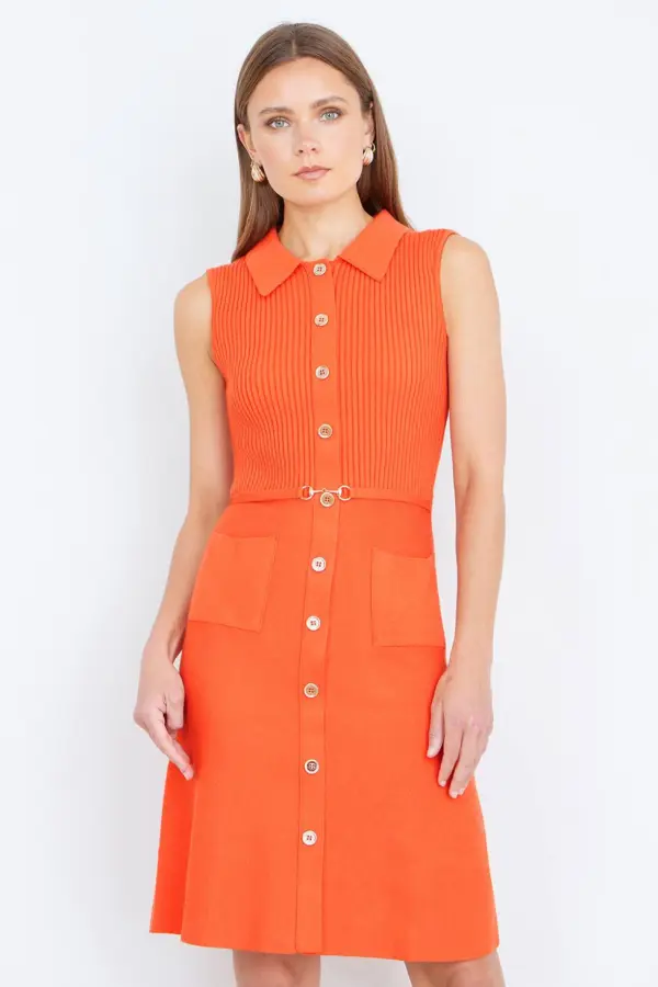 Yumi Women's Orange Rib Knitted Skater Dress With Buckle Detail 