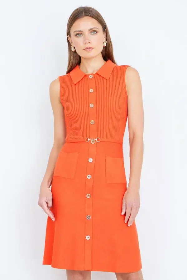 Yumi Women's Orange Rib Knitted Skater Dress With Buckle Detail 